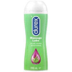 Durex Aloe Vera Massage 2-in-1 Intimate Lubricant bottle on a soft surface.