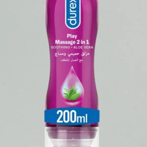 A bottle of Durex Massage Gel, a clear, lightly colored liquid.